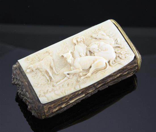 A late 19th century Continental stag horn and ivory snuff box, 4in.